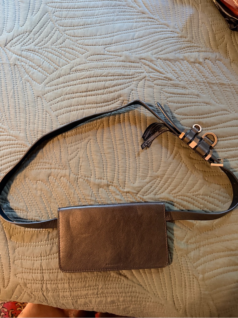 AllSaints Black Leather Belt Bag with  bronze Hardware